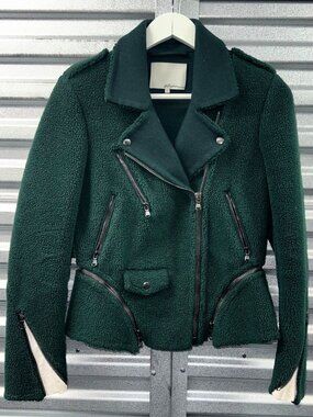 3.1 PHILLIP LIM AW12 Runway Forest Green Fleece Moto Jacket Sz US 2